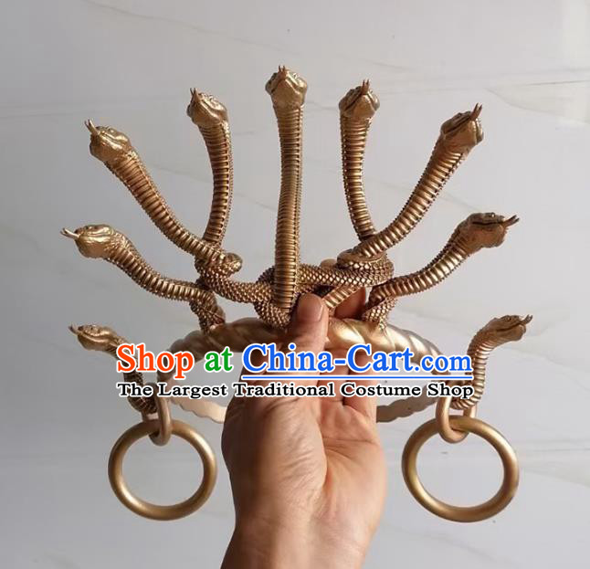 Chinese Ancient Drama Nine Heads Snake Monster Hair Clasp Handmade Golden Hair Crown