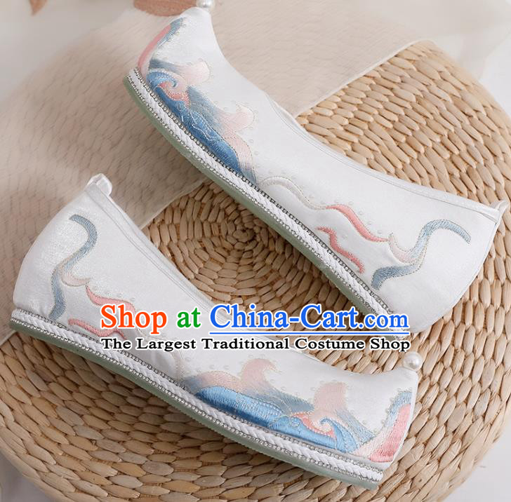 China Embroidered White Satin Shoes Traditional Hanfu Shoes Ancient Ming Dynasty Princess Shoes