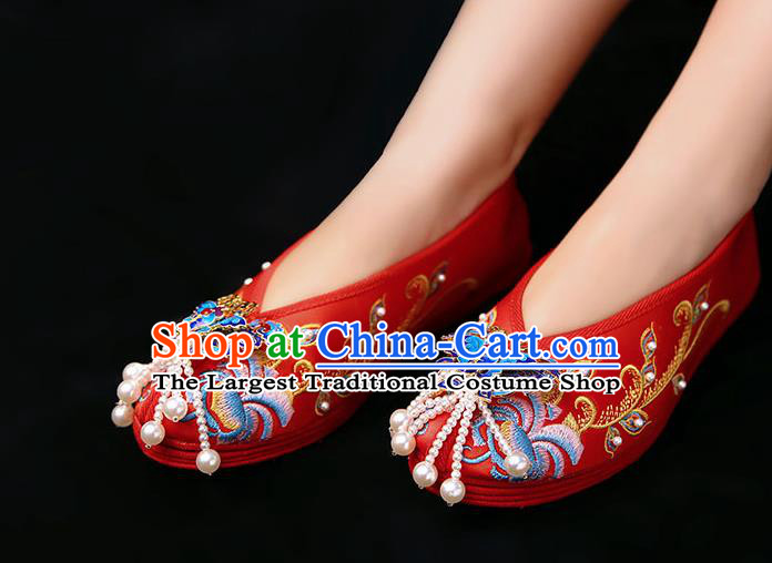 Chinese Cloisonne Butterfly Shoes Traditional Xiuhe Red Cloth Shoes Classical Wedding Bride Shoes