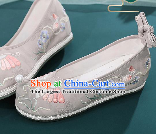 China Ancient Ming Dynasty Princess Shoes Embroidered Butterfly Shoes Traditional Grey Cloth Hanfu Shoes