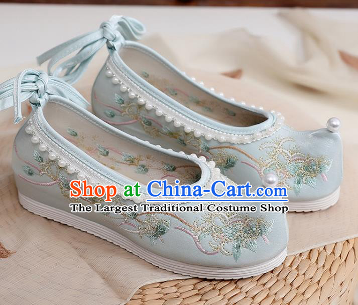 China Embroidery Pearls Shoes Traditional Song Dynasty Princess Blue Cloth Shoes Ancient Hanfu Shoes