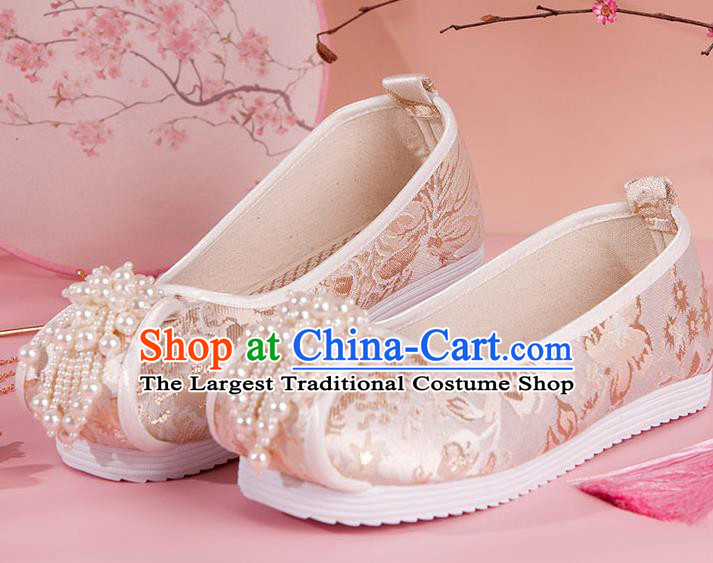 China Handmade Champagne Brocade Shoes Traditional Ming Dynasty Princess Pearls Tassel Shoes Ancient Hanfu Shoes