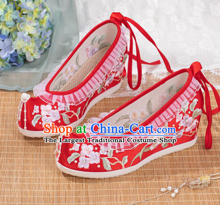 Chinese Classical Wedding Wedge Heel Shoes National Embroidery Flowers Red Satin Shoes Traditional Xiuhe Pearls Shoes