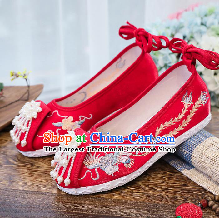 Chinese National Embroidery Phoenix Shoes Traditional Wedding Hanfu Red Cloth Shoes Classical Xiuhe Shoes