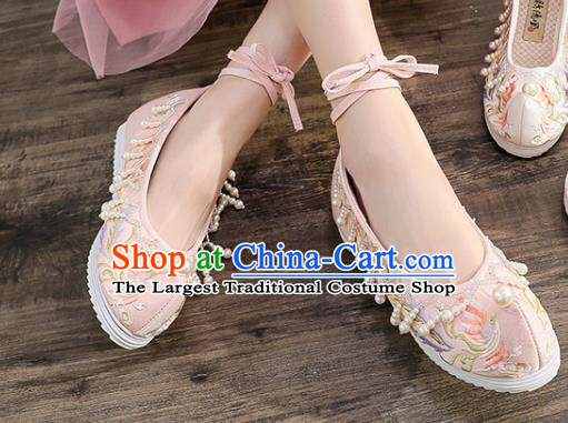 China Ancient Princess Pink Embroidered Phoenix Shoes Traditional Hanfu Pearls Tassel Shoes Handmade Ming Dynasty Bow Shoes