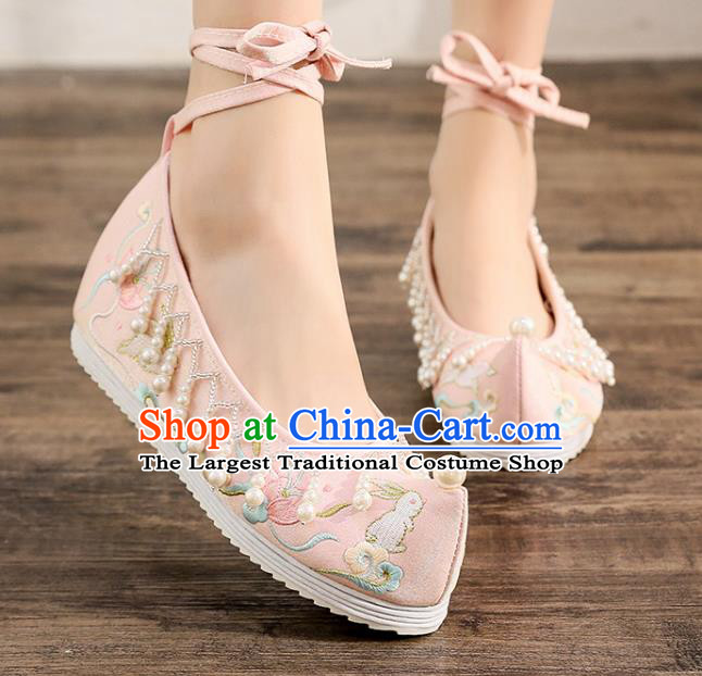 China Handmade Ming Dynasty Pink Cloth Bow Shoes Ancient Princess Embroidered Shoes Traditional Hanfu Pearls Shoes