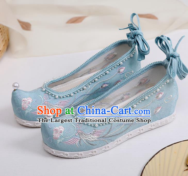 Chinese National Blue Cloth Shoes Traditional Embroidery Phoenix Peony Shoes Classical Dance Pearls Shoes