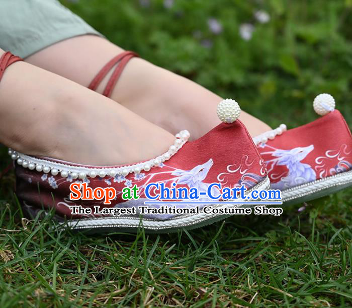 China Ancient Princess Red Cloth Shoes Traditional Hanfu Pearls Shoes Handmade Ming Dynasty Bow Shoes