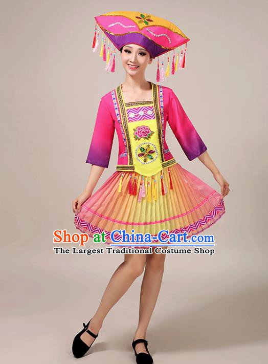 Chinese Zhuang Ethnic Folk Dance Garment Clothing Guangxi Nationality Stage Performance Rosy Short Dress Outfits