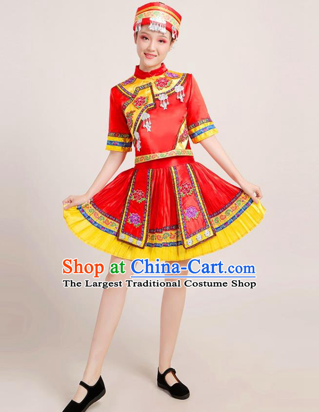 Chinese Yi Nationality Folk Dance Short Dress Yao Minority Red Outfits Yunnan Ethnic Performance Garment Clothing