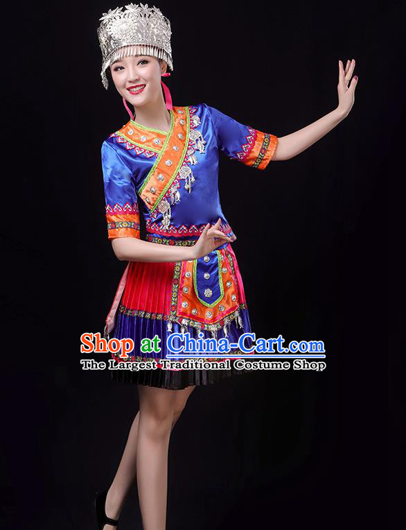 Chinese Hmong Minority Performance Royalblue Outfits Clothing Xiangxi Ethnic Garment Miao Nationality Folk Dance Short Dress