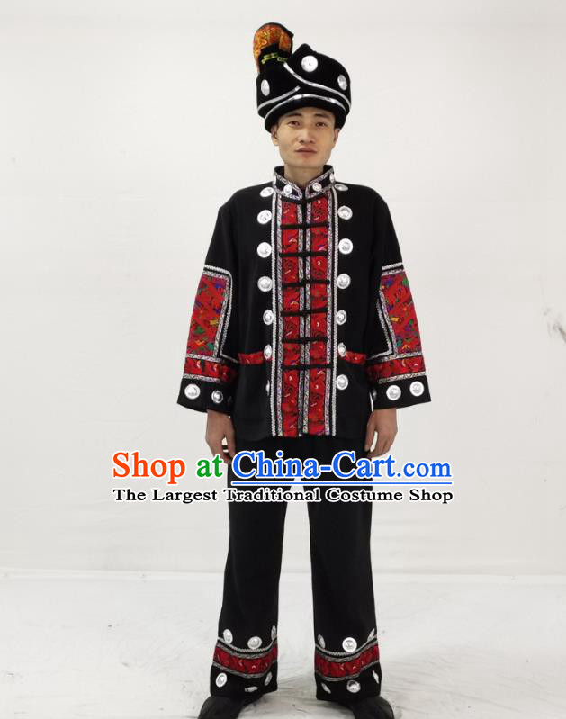 China Hmong Ethnic Folk Dance Black Clothing Traditional Miao Nationality Performance Garment Costumes and Hat