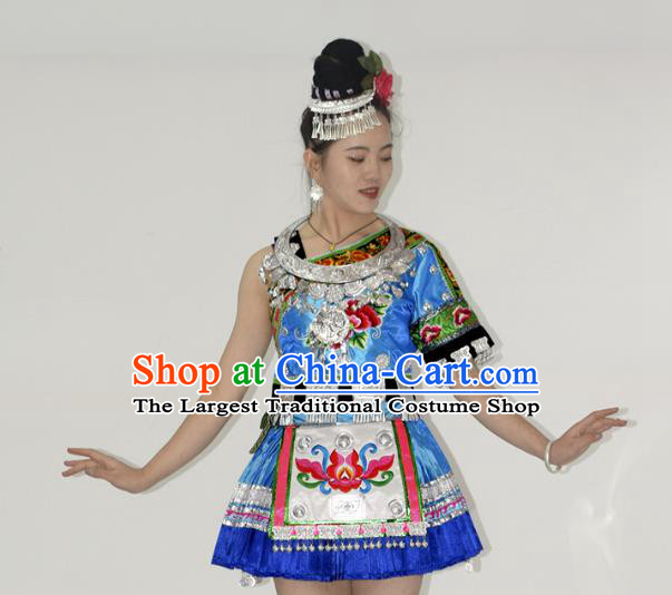 Chinese Yi Nationality Stage Performance Garment Clothing Tujia Minority Ethnic Blue Short Dress Outfits and Hair Jewelry