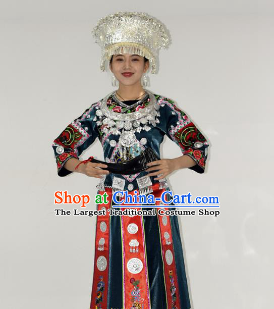 Chinese Miao Nationality Stage Performance Garment Clothing Hmong Minority Ethnic Peacock Blue Dress Outfits and Silver Hat