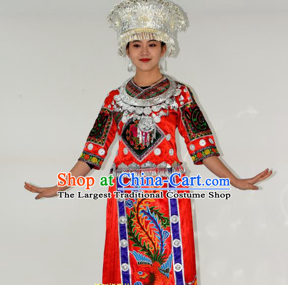 Chinese Hmong Minority Ethnic Bride Red Dress Outfits Miao Nationality Wedding Garment Clothing and Headdress