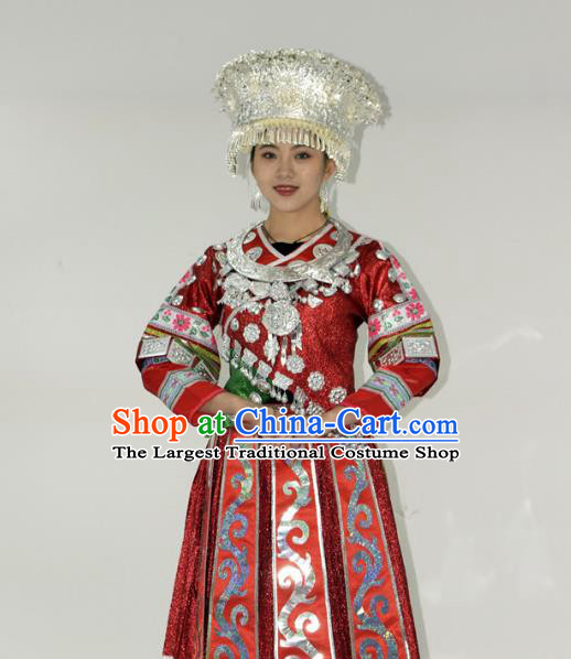 Chinese Miao Minority Ethnic Wedding Red Dress Outfits Hmong Nationality Dance Performance Garment Clothing and Silver Headwear