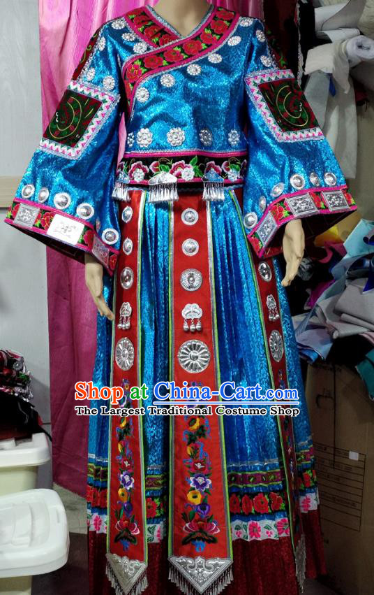 Chinese Xiangxi Minority Performance Outfits Hmong Ethnic Folk Dance Garment Miao Nationality Blue Dress Clothing