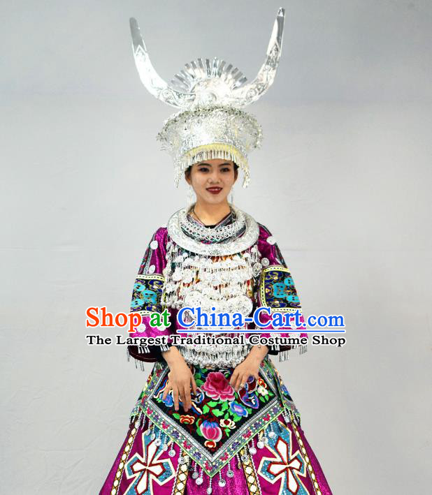 Chinese Hmong Minority Bride Purple Dress Ethnic Folk Dance Garment Outfits Miao Nationality Wedding Clothing and Silver Headdress