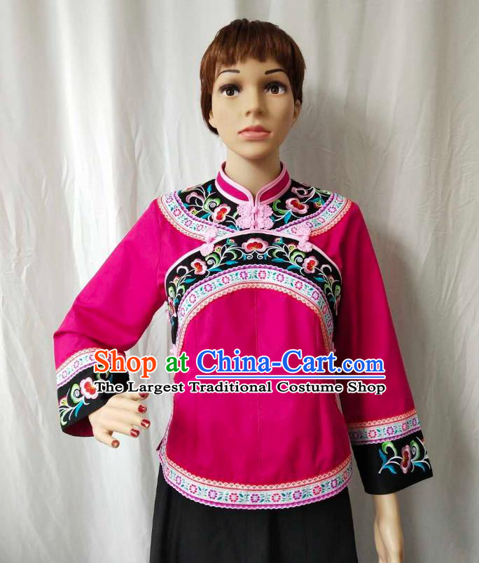 Chinese Puyi Nationality Blouse Clothing Bouyei Minority Embroidered Rosy Shirt Guizhou Ethnic Woman Upper Outer Garment