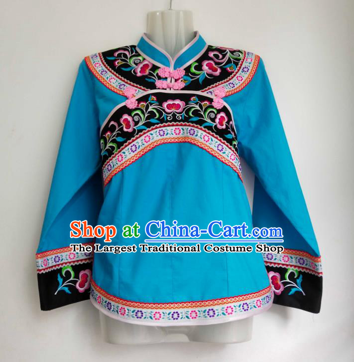 Chinese Guizhou Ethnic Performance Clothing Bouyei Nationality Woman Blouse Embroidered Blue Top Garment