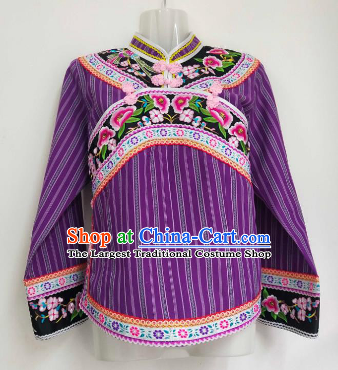 Chinese Embroidered Purple Top Garment Guizhou Ethnic Performance Clothing Bouyei Nationality Woman Blouse