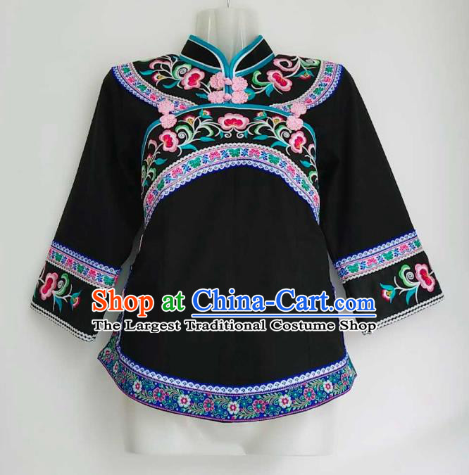 Chinese Bouyei Nationality Embroidered Black Blouse Guizhou Ethnic Dance Top Garment Clothing