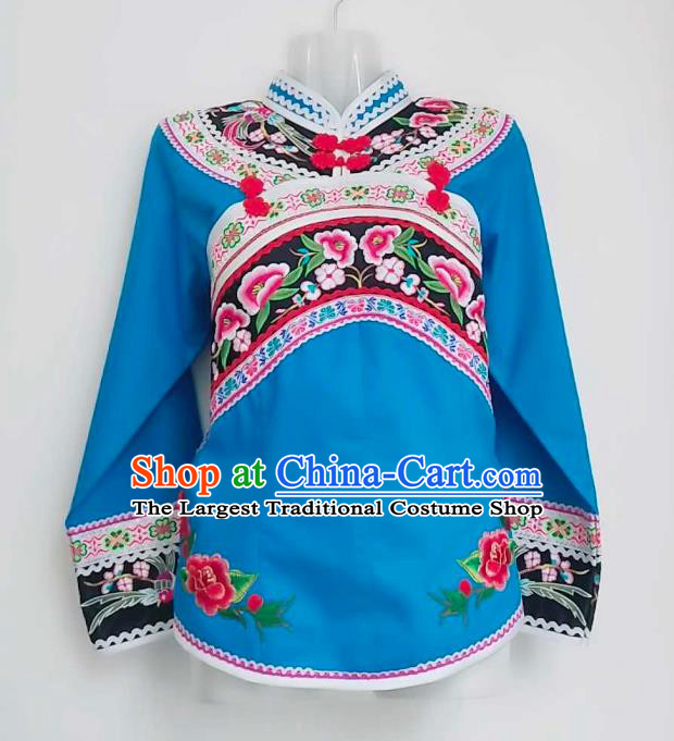 Chinese Guizhou Minority Garment Clothing Ethnic Dance Performance Top Wear Bouyei Nationality Embroidered Blue Blouse