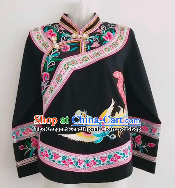 Chinese Baise Minority Ethnic Dance Wear Zhuang Nationality Embroidered Black Blouse Folk Dance Top Garment