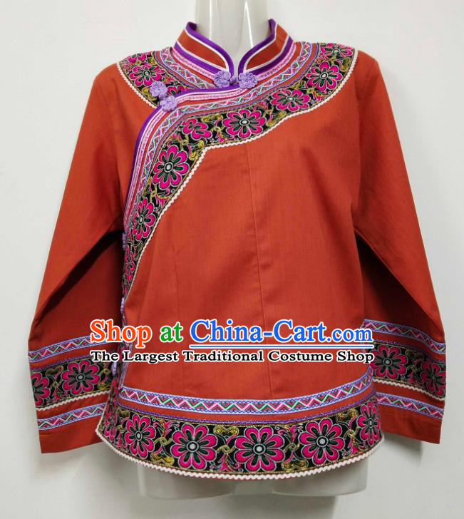 Chinese Guizhou Minority Top Wear Bouyei Nationality Embroidered Jacinth Blouse Ethnic Garment