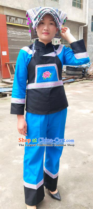 Chinese Traditional Yunnan Ethnic Folk Dance Blue Suits Clothing Bouyei Nationality Blouse and Pants