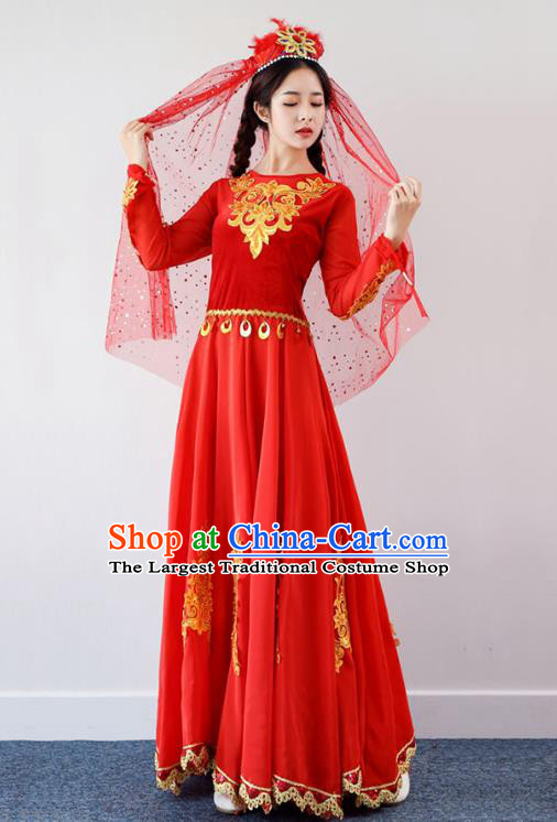 Chinese Traditional Uygur Nationality Garments Xinjiang Dance Red Dress Ethnic Folk Dance Clothing and Hat