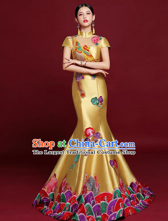 China Stage Show Yellow Satin Full Dress Catwalks Fashion Modern Cheongsam Clothing Compere Fishtail Qipao Dress Garment