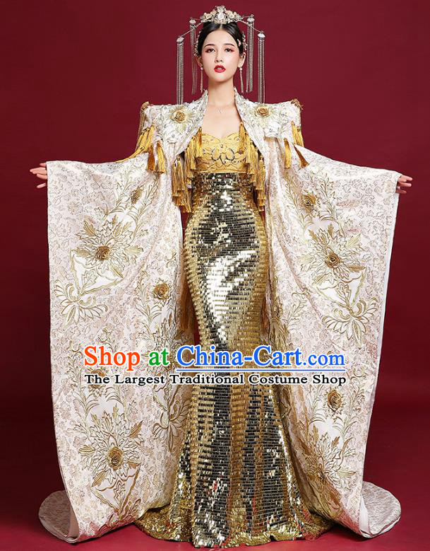 China Stage Show Trailing Cape Full Dress Catwalks Fashion Embroidered Clothing Compere Golden Fishtail Dress Garment