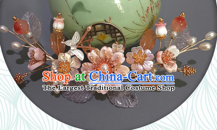 Chinese Ancient Princess Flowers Hairpin Traditional Song Dynasty Shell Butterfly Hair Crown