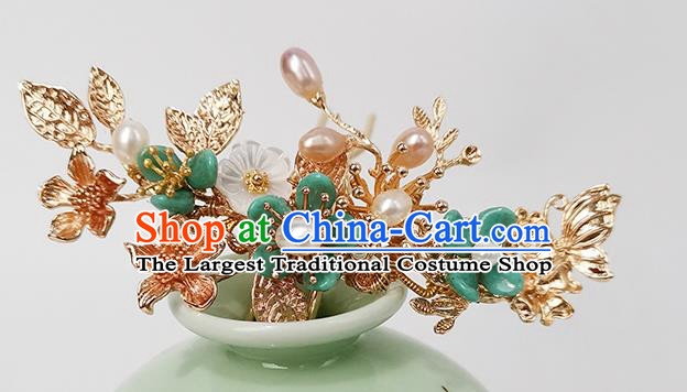 Chinese Ancient Empress Pearls Hairpin Traditional Song Dynasty Green Plum Blossom Hair Stick