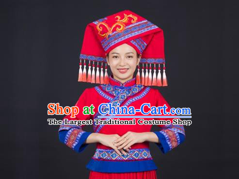 Chinese Traditional Zhuang Nationality Red Suits Guangxi Minority Performance Dress Ethnic Folk Dance Garment Clothing and Hat