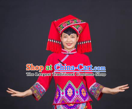 Chinese Guangxi Minority Performance Dress Ethnic Folk Dance Garment Clothing Traditional Zhuang Nationality Red Suits and Headwear