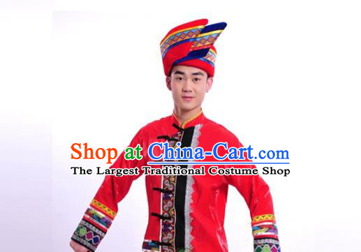 Chinese Traditional Guangxi Ethnic Wedding Male Red Suits Clothing Zhuang Nationality Stage Performance Shirt and Pants