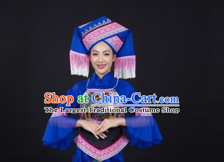 Chinese Traditional Zhuang Nationality Blue Suits Guangxi Minority Blouse and Pants Ethnic Folk Dance Garment Clothing with Headwear