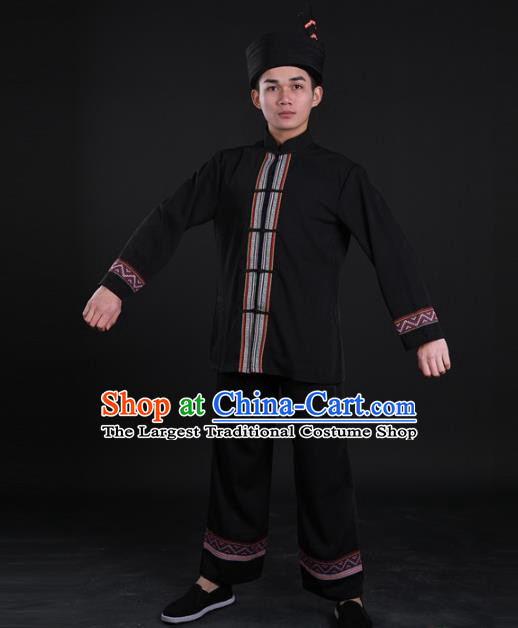 Chinese Hmong Nationality Folk Dance Shirt and Pants Traditional Miao Ethnic Male Black Suits Clothing