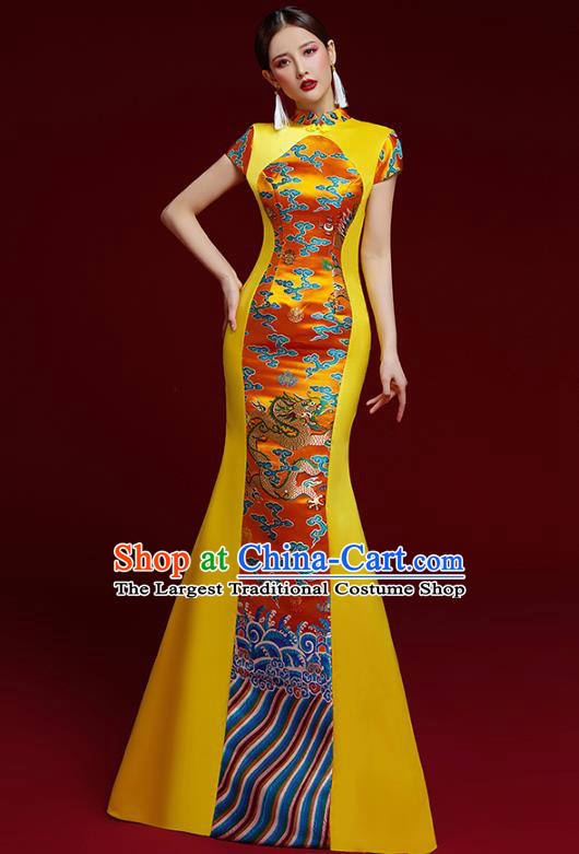 China Stage Show Clothing Catwalks Classical Dragon Pattern Brocade Cheongsam Garment Wedding Golden Fishtail Full Dress