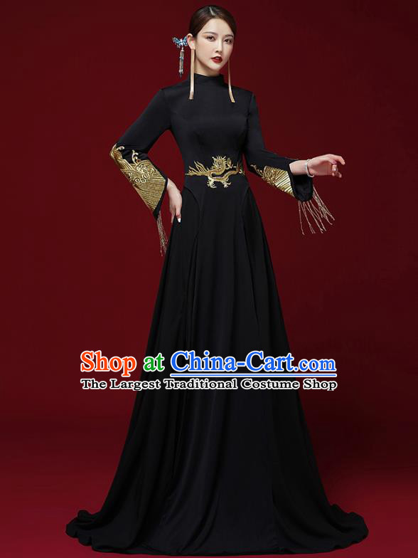 China Stage Show Embroidered Cheongsam Clothing Catwalks Dress Garment Compere Black Full Dress