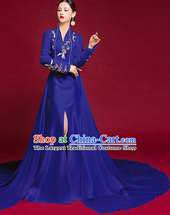 China Compere Royalblue Trailing Full Dress Stage Show Embroidered Clothing Catwalks Dress Garment