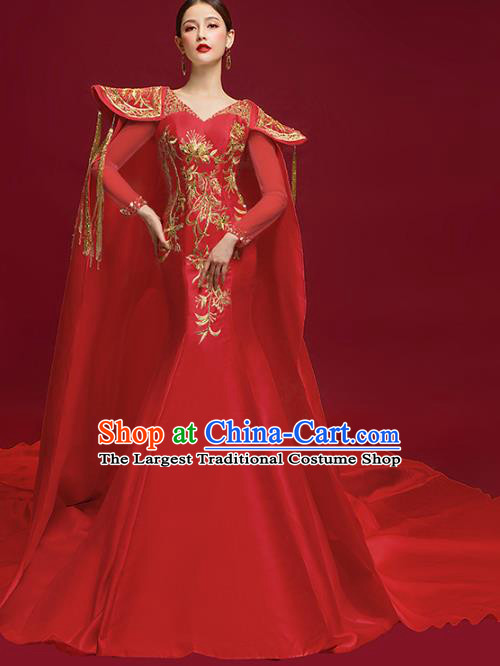 China Embroidered Garment Compere Trailing Cape Dress Stage Show Wedding Clothing Catwalks Full Dress