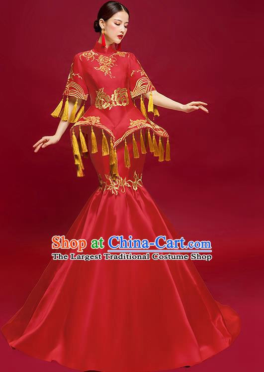 China Bride Embroidered Wedding Garment Compere Dress Stage Show Clothing Catwalks Fishtail Full Dress