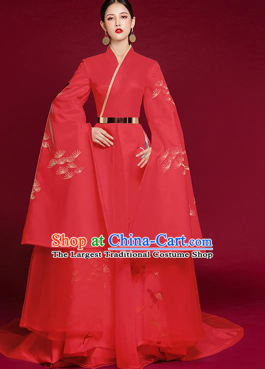 China Bride Mandarin Sleeve Full Dress Catwalks Embroidered Garment Compere Red Dress Stage Show Clothing