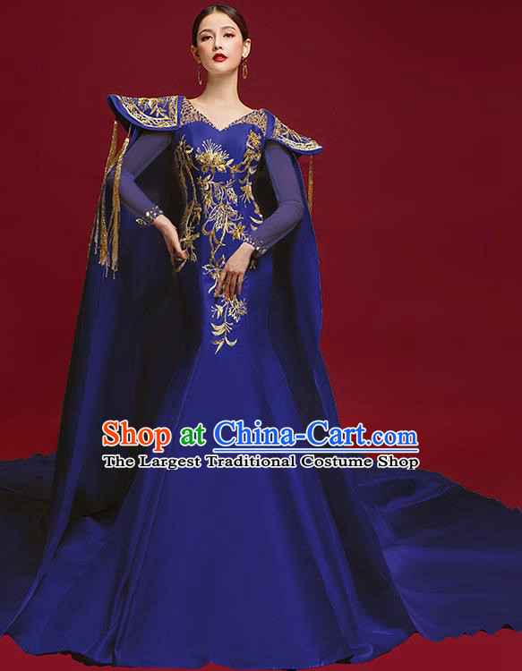 China Catwalks Clothing Compere Embroidered Royalblue Dress Garment Stage Show Trailing Cape Full Dress