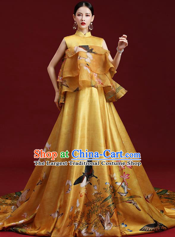 China Compere Printing Yellow Trailing Dress Garment Stage Show Full Dress Catwalks Fashion Cheongsam Clothing