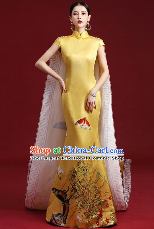 China Catwalks Fashion Long Cape Trailing Cheongsam Clothing Compere Dress Garment Stage Show Full Dress