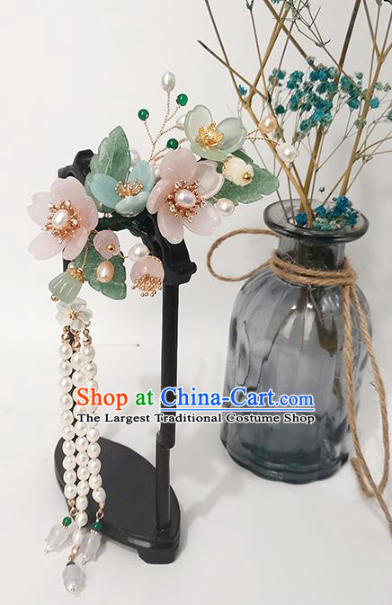 Chinese Ancient Princess Tassel Hairpin Traditional Ming Dynasty Pink Sakura Hair Stick